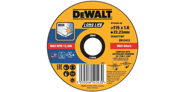 Круг отрезной DeWALT DT43905, высокий ресурс, 115 x 22.2 x 1.6 мм, тип 41