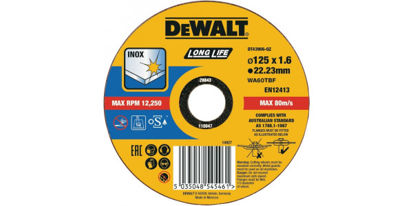 Круг отрезной DeWALT DT43906, высокий ресурс, 125 x 22.2 x 1.6 мм, тип 41