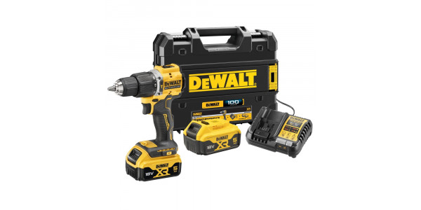 Аккумуляторная бесщеточная ударная дрель-шуруповерт DEWALT, 18 В, 1650 об/мин, 28050 уд/мин, с 2 АКБ 5 Ач и ЗУ, в кейсе TSTAK, DCD100YP2T