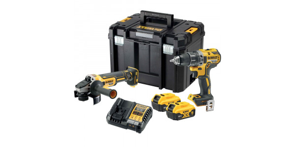 Набор аккумуляторный DEWALT, 18 В: ударная дрель-шуруповерт DCD791 и угловая шлифмашина DCG405, с 2 АКБ 5 Ач и ЗУ, в кейсе TSTAK, (DCK2020P2T)