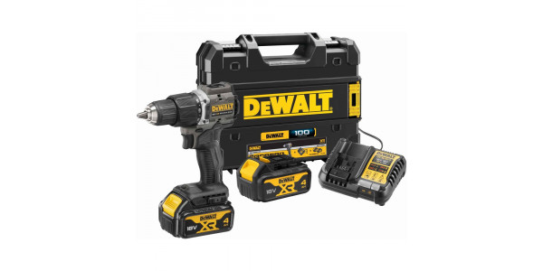 Ударная дрель-шуруповерт DEWALT DCD100M2T, 18 В, 1650 об/мин, 28050 уд/мин, с 2 АКБ 4 Ач и ЗУ, в кейсе TSTAK (DCD100M2T-QW)