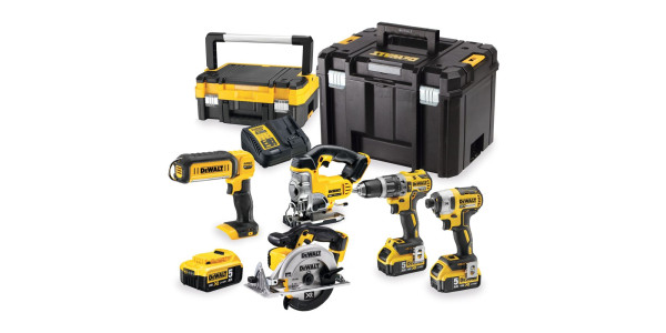 Аккумуляторный набор DEWALT DCK551P3T, 18 В: дрель + шуруповерт + пила + лобзик + фонарь, с 3 АКБ 5 Ач и ЗУ, в 2 кейсах TSTAK