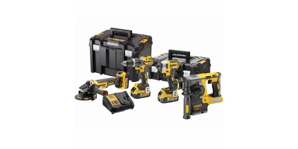 Набор DEWALT DCK422P3T, 18 В: дрель DCD796 + шуруповерт DCF887 + УШМ DCG405 + перфоратор DCH273, с 3 АКБ 5 Ач и ЗУ, в 2 кейсах