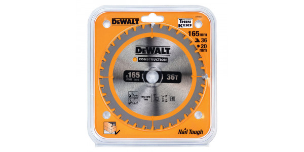 Пильный диск DeWALT DT1950, CONSTRUCTION по дереву с гвоздями 165/20, 36 FTG +3°
