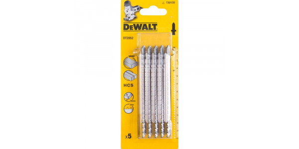Пилка для лобзика DeWALT DT2052, по дереву из высокоуглеродистой стали, HCS, 116 x 87 x 3.0 x 65 мм, T301CD, 5 шт.
