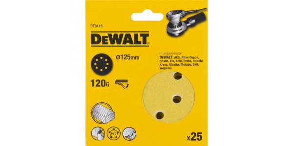 Шлифовальные круги DeWALT DT3115, 125 мм, 8 отверстий, 120G, 25 шт.