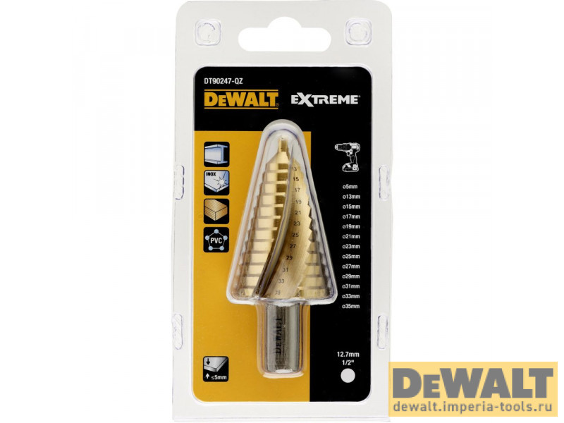 Сверло ступенчатое по металлу DeWALT DT90247, 5-35 мм хвост 12.7 мм