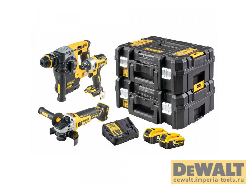 Набор аккумуляторный DEWALT: перфоратор DCH273 + ударный шуруповерт DCF887 + УШМ DCG405, с 2 АКБ 5 Ач и ЗУ, в двух кейсах TSTAK, DCK305P2T Набор аккумуляторный DEWALT: перфоратор DCH273 + ударный шуруповерт DCF887 + УШМ DCG405, с 2 АКБ 5 Ач и ЗУ, в двух кейсах TSTAK, DCK305P2T