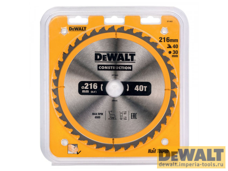 Пильный диск DeWALT CONSTRUCT DT1953, 216/30 мм. Пильный диск DeWALT CONSTRUCT DT1953, 216/30 мм.