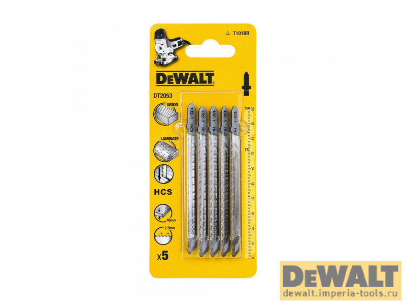 Пилка для лобзика по дереву из высокоуглеродистой стали DeWALT DT2053, HCS, 100 x 73 x 2.5 x 40 мм, T101BR, 5 шт.